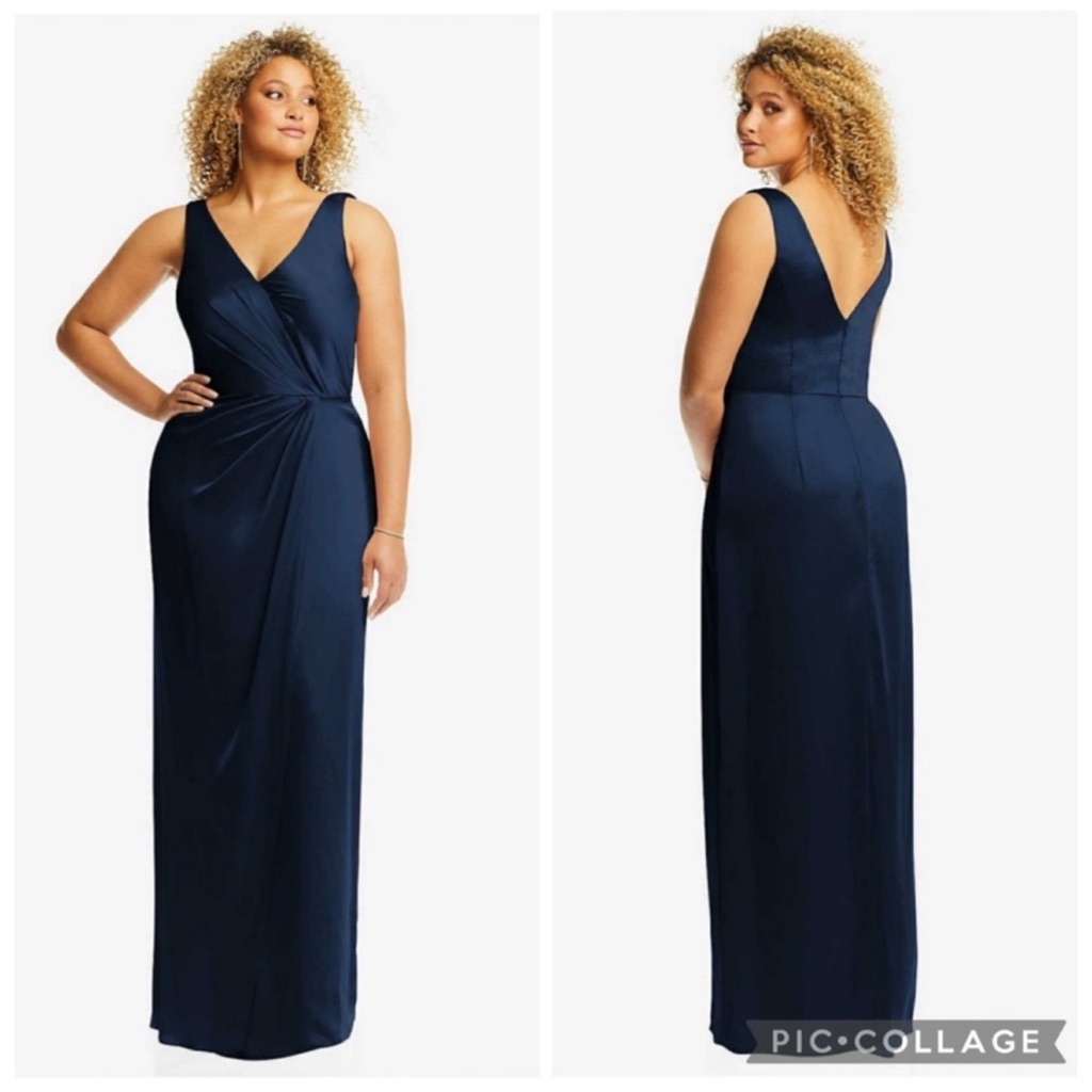 After Six 6864 Faux Wrap Whisper Satin Maxi Dress Gown Midnight Navy 14